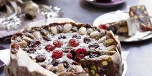 Paneforte bianco natale with white chocolate,pistachios,almonds and cherries.