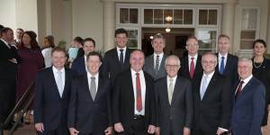 Minister for Small and Family Business Craig Laundy (front row,far left) with Prime Minister Malcolm Turnbull's new ministry at Government House in Canberra in December.