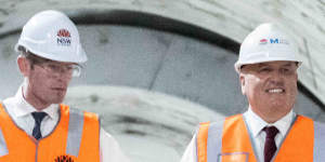 Premier Dominic Perrottet and Transport Minister David Elliott tour one of the metro rail tunnels under Central Station in February.