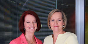 Former prime minister Julia Gillard with ABC presenter Sarah Ferguson.