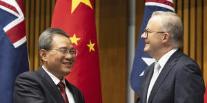 China’s Premier Li Qiang with Prime Minister Anthony Albanese in Canberra on Monday.