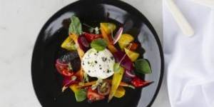 Summer salad,artisan burrata,pickled and roasted carrots,beets,kiss peppers and black salt at Pialligo Estate Garden Pavillions.