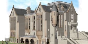 The library would include turrets,a castle-like tower,grand hall and rooftop terrace with views towards Sydney Harbour.