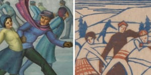 From left,Ethel Spowers,The Skaters,c. 1932 (detail) and Eveline Syme,Skating,1929 (detail).