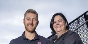 Dyson Heppell with Bobbie Lee Blay at Essendon’s base,‘The Hangar’.