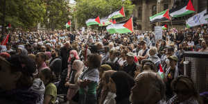 Pro-Palestinian protesters rally at the State Library of Victoria.