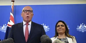 Critics of the Coalition will push for history to remember Opposition Leader Peter Dutton,pictured with Senator Jacinta Nampijinpa Price on referendum night,as a wrecker.