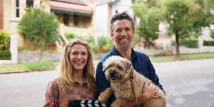 Harriet Dyer and Patrick Brammall (with Colin the dog) in season two of Colin From Accounts.