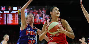 Ally Wilson,centre,during game two of the WNBL Grand Final series between Perth Lynx and Townsville Fire in Perth on Friday.
