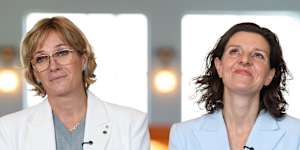 Community Strong Australia founders Zali Steggall and Allegra Spender addressing the media on Thursday morning.
