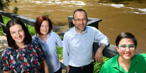 Victorian Greens MP Ellen Sandell (left),Yarra riverkeeper Charlotte Sterrett,federal Greens MP Adam Bandt and Richmond hopeful Gabrielle de Vietri.
