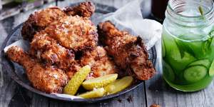 Chilled sriracha-fried chicken and pickles.