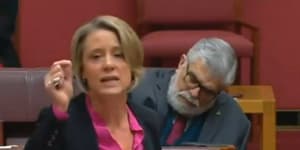 Labor Senator Kim Carr appears to be asleep while Labor Senator Kristina Keneally is speaking.