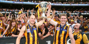 Ben McEvoy (right) and David Hale celebrate the 2015 premiership.