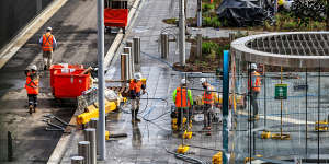 Construction workers on the Barangaroo Sydney Metro station.