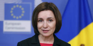 Moldova’s President Maia Sandu poses for photographers prior to a meeting with European Commission President Ursula von der Leyen.