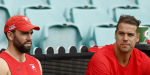 Paddy McCartin and Lance Franklin at Swans training earlier this year.