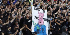 Fans show their disappointment with the APL before the Melbourne derby at AAMI Park.