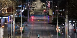 A quiet Bourke Street during Melbourne’s sixth lockdown.