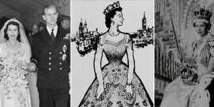 The Queen in her wedding dress by Norman Hartnell,with fabric paid for using war ration coupons;a sketch of the Coronation gown;and Cecil Beaton’s portrait of Queen Elizabeth II in the Coronation gown. 