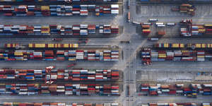 Cranes and containers at Yangshan Deepwater port in Shanghai in August.