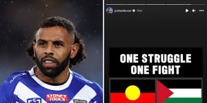 Bulldogs winger Josh Addo-Carr uploaded a post to his instagram story with the Palestinian flag,but later said this was a mistake.