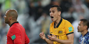 Socceroo Trent Sainsbury remonstrates with referee Nawaf Abdullah Shukrallah during Australia’s loss to Japan in Sydney.