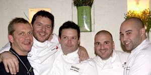 At a charity dinner at Calombaris’ Hellenic Republic in 2009. From left:Martin Boetz,Manu Feildel,Gary Mehigan,Calombaris and Delia.