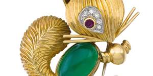 Lot 115:18ct gold,ruby,diamond and hardstone'Squirrel'brooch,Van Cleef&Arpels,circa 1955. Estimate $10,000-$15,000.