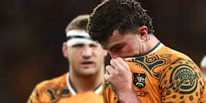 Jeremy Williams of the Wallabies looks dejected.