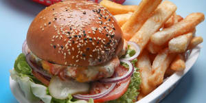 Burger and chips,plus potato gems.