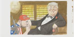 Make America great again – Donald Trump the godfather,2020 by John Shakespeare,features in the State Library of NSW’s A Century of Satire exhibition.