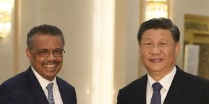 Tedros Adhanom Ghebreyesus,director-general of the World Health Organisation,with Chinese President Xi Jinping in Beijing on January 28.