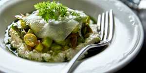 Almond ricotta with asparagus,melon and parsley oil.