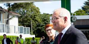 Marise Payne and Scott Morrison hold a press conference at a BP Service Station in Mortdale,Sydney,on April 5.