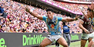 Brian Kelly celebrates an Indigenous Round try.