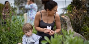 Teddy,3,plays among the plants with his mum Ash Smith at Little Farmers playgroup in Boneo.