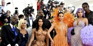 Corey Gamble,from left,Kris Jenner,Kim Kardashian,Kendall Jenner,Kylie Jenner and Travis Scott at this year's Met Gala. 