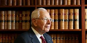 Sir Anthony Mason pictured in Sydney in 2012. The towering law figure died on Tuesday,aged 100.