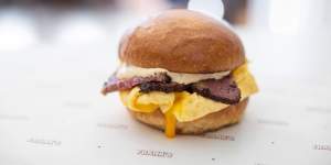 Breakfast Sammy with LP's brisket pastrami,cheese and folded egg.