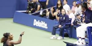 Williams gestures towards chair umpire Carlos Ramos during her US Open final defeat.