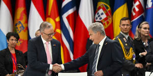 Anthony Albanese greets President of Finland Sauli Niinisto as they attend the North Atlantic Council meeting at the Nato Leaders’ Summit in Madrid,Spain.
