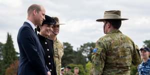 William and Catherine,the Prince and Princess of Wales,speak with Australian Army Captain Joshua Downs,who marched in the late Queen Elizabeth II’s state funeral procession.