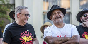 Prime Minister Anthony Albanese with Noel Pearson in Summer Hill on Saturday.