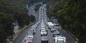 Traffic builds on the M1 Pacific Motorway on Boxing Day 2020.