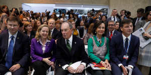 Angus Taylor,Australia's Energy and Emissions Reduction Minister (right),sits with other delegations during a panel session earlier this week on financing the Paris climate agreement. 