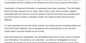 Letter sent to Optus business customers after the massive cybersecurity breach was announced last week.