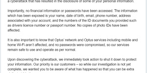 Letter sent to Optus business customers after the massive cybersecurity breach was announced last week.