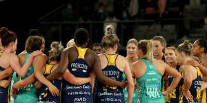 The Vixens and Lightning come together after their match during round nine of the Super Netball season.