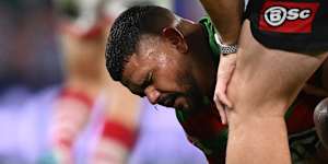 Latrell Mitchell needed attention from a South Sydney trainer against the Dolphins.